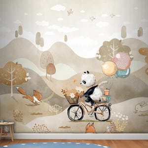 Carta da parati murale per cameretta dei bambini, panda, bicicletta, foresta, fauna selvatica