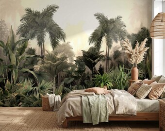 Foggy Palm Jungle Wallpaper for Living Room, Tropical Fan Palm Mural, Sepia Green Nature Decor, Peel and Stick Bedroom Wallpaper