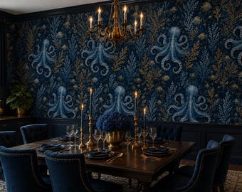 Dark Octopus Wallpaper for Living Room, Navy Blue Ocean Damask Mural, Vintage Nautical Sea Life Decor, Gold Fish Peel and Stick Wallpaper