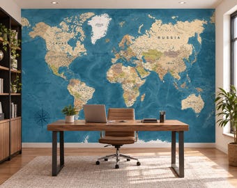 World Map Wallpaper for Office, Detailed Political Map Mural with Country Names, Vintage Blue Cream Peel and Stick Office Room Wallpaper