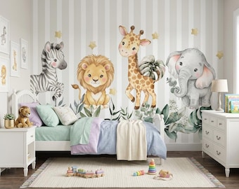 Baby Safari Animals Wallpaper for Nursery, Cute Zebra Lion Giraffe Elephant Mural, Striped Star Kids Room Peel and Stick Wallpaper