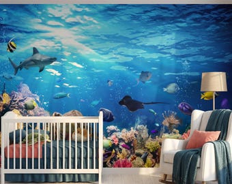 Coral Reef Kids Wallpaper, Underwater Fish Scene Wall Mural, Ocean Sea Life Peel and Stick, Sea Turtle Shark Removable Playroom Wall Paper