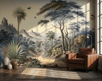 Slate Blue Vintage Safari Wallpaper for Living Room, Antique Gazelle Mural Bedroom Decor, Earthy Landscape Dining & Hallway, Peel Stick