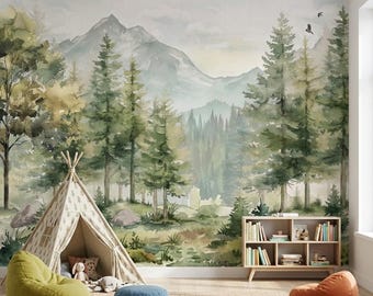 Mural infantil de bosque y montaña en acuarela, arte de pared de pino para guardería, decoración de naturaleza boscosa para sala de juegos, papel tapiz autoadhesivo.