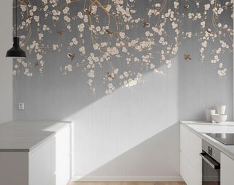 Papel pintado de estilo chinoiserie para cocina, autoadhesivo, mural floral vintage con pájaros, decoración de pared con textura gris, elegante papel pintado removible con diseño floral.
