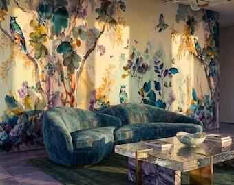 Watercolor Teal Bird on Tree Wallpaper, Mustard Yellow Floral Branches Mural, Flying Bird and Butterfly Painted Forest Wall Art, Peel Stick