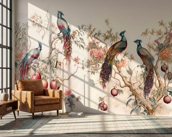 Creme Chinoiserie Vogel Tapete, Vintage Granatapfelbaum Wandbild, Exotische Pfau Fasan Illustration, Blaugrüne und Rote Botanische Kunst