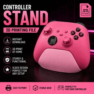 May include: A pink controller stand 3D printing file with text including CONTROLLER STAND, 3D PRINTING FILE, INSTANT DOWNLOAD, 3D PRINT AT HOME, STURDY & FUNCTIONAL, SLEEK DESIGN, EASY TO PRINT, STABLE BASE, and PERFECT FIT FOR YOUR CONTROLLER.