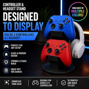 May include: A black controller and headset stand holding a blue game controller, a red game controller, and a white over-ear headset. The stand features a circular base and vertical support. Text on the image includes Controller & Headset Stand, Designed to Display, Holds 2 Controllers & 1 Headset, and Available in Multiple Colors.