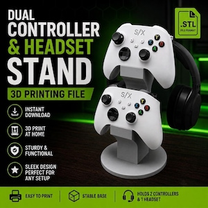 May include: A gray 3D printed stand designed to hold two white game controllers and one black headset. The stand features a circular base and a vertical support structure. Text on the image includes DUAL CONTROLLER & HEADSET STAND, .STL FILE FORMAT, INSTANT DOWNLOAD, 3D PRINT AT HOME, STURDY & FUNCTIONAL, SLEEK DESIGN PERFECT FOR ANY SETUP, EASY TO PRINT, STABLE BASE, and HOLDS 2 CONTROLLERS & 1 HEADSET.