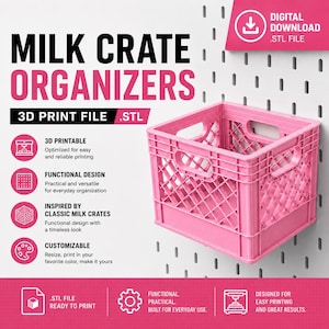 Pode incluir: Um organizador de caixa de leite de plástico rosa com padrão de treliça e alças integradas. A imagem inclui o texto: MILK CRATE ORGANIZERS, 3D PRINT FILE .STL, DIGITAL DOWNLOAD .STL FILE, 3D PRINTABLE, FUNCTIONAL DESIGN, INSPIRED BY CLASSIC MILK CRATES, CUSTOMIZABLE, STL FILE READY TO PRINT, FUNCTIONAL, PRACTICAL, BUILT FOR EVERYDAY USE, DESIGNED FOR EASY PRINTING AND GREAT RESULTS.