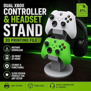 Dual Xbox Controller Holder & Headset Stand STL File | 3D Printable Xbox Controller Mount | Gaming Desk Organizer
