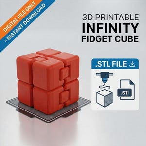 Peut inclure: Un cube fidget infini rouge imprimable en 3D avec une surface texturée. L'image contient le texte 3D PRINTABLE INFINITY FIDGET CUBE, DIGITAL FILE ONLY, INSTANT DOWNLOAD, et .STL FILE avec des icônes de buse d'imprimante 3D et un fichier.