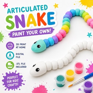 May include: An articulated snake toy with a multi-colored body and a separate white snake body, accompanied by four small paint pots in green, yellow, pink, and purple, and a paintbrush. Text reads: ARTICULATED SNAKE PAINT YOUR OWN! 3D PRINT AT HOME.