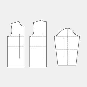 Op de afbeelding: Drie witte kledingpatroondelen op een lichtgrijze achtergrond. De stukken omvatten een voorkant van het lijfje, een achterkant van het lijfje en een mouw. Elk stuk heeft stippellijnen en pijlen die afmetingen en constructiedetails aangeven. De afbeelding is een technische tekening.