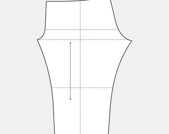 May include: A black and white illustration of a garment pattern piece. The pattern is divided into four sections by dotted lines, with a vertical arrow indicating a measurement. The shape is wider at the top and tapers towards the bottom.