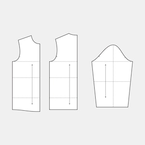 May include: Three white sewing pattern pieces on a light grey background. The pieces include a bodice front, a bodice back, and a sleeve. Each piece has dotted lines and arrows indicating measurements and construction.