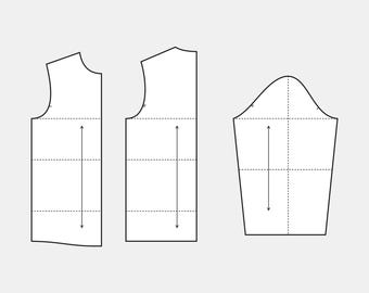 May include: Three white sewing pattern pieces on a light gray background. The pieces include a bodice front, a bodice back, and a sleeve. Each piece has dotted lines and arrows indicating measurements and construction.