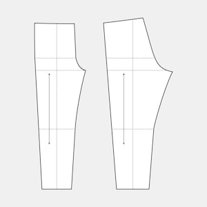 Puede incluir: Dos patrones de costura de papel blanco para pantalones, mostrados uno al lado del otro sobre un fondo gris claro. Cada pieza del patrón tiene una parte superior rectangular, una cintura curva y una pierna cónica. Líneas punteadas y flechas indican detalles de costura.