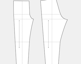 May include: Two white paper sewing patterns for pants, displayed side-by-side against a light gray background. Each pattern piece has a rectangular top, a curved waist, and a tapered leg. Dotted lines and arrows indicate sewing details.
