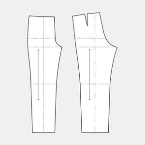 以下が含まれることがあります： 白い紙のズボンの縫製パターンが2つ。パターンは黒で縁取られ、寸法と構造の詳細を示す点線と矢印が付いています。パターンは、無地の明るい灰色の背景に配置されています。