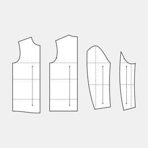 Può includere: Quattro modelli di cucito bianchi su sfondo grigio chiaro. I pezzi includono un corpetto anteriore, un corpetto posteriore e due pezzi di manica. Ogni pezzo ha linee tratteggiate e frecce che indicano le misure.