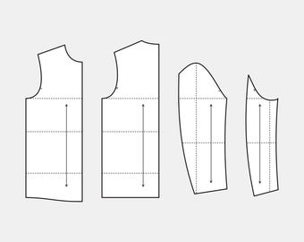 May include: Four white sewing pattern pieces arranged on a light gray background. The pieces include a front bodice, back bodice, and two sleeve pieces. Each piece has dotted lines and arrows indicating measurements.