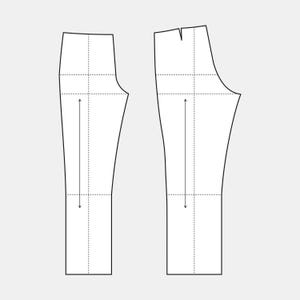 May include: Two black and white illustrations of pant patterns. Each pattern shows the front and back of a pant leg, with dotted lines indicating seams and directional arrows. The patterns are on a light gray background.