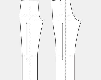 May include: Two black and white illustrations of pant patterns. Each pattern shows the front and back of a pant leg, with dotted lines indicating seams and directional arrows. The patterns are on a light gray background.
