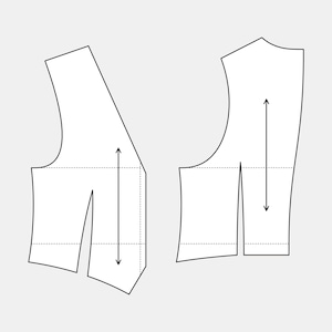 Puede incluir: Dos patrones de prendas blancas con contornos negros y flechas que indican las medidas. Las piezas están sobre un fondo gris claro. Una pieza es angular y la otra es más redondeada.