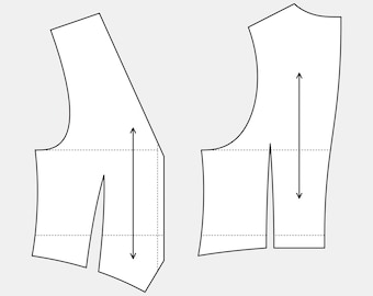 May include: Two white garment pattern pieces with black outlines and arrows indicating measurements. The pieces are on a light gray background. One piece is angled, and the other is more rounded.