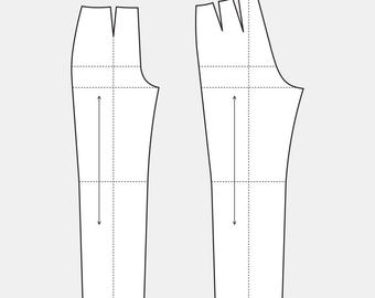 May include: Two black and white illustrations of pant patterns. Each pattern shows the front and back pieces of a pair of pants, with dotted lines indicating seams and arrows showing the grain line.
