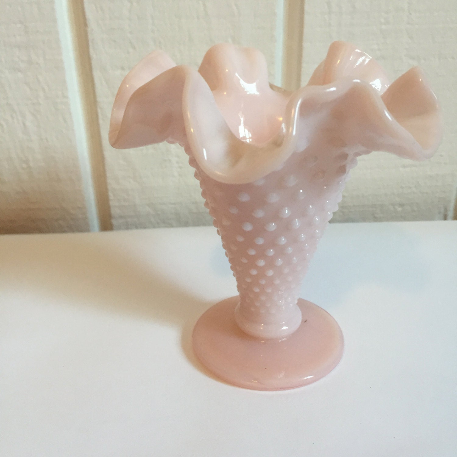 Pastel Pink Fenton Milk Glass Hobnail Trumpet Vase Vintage Etsy