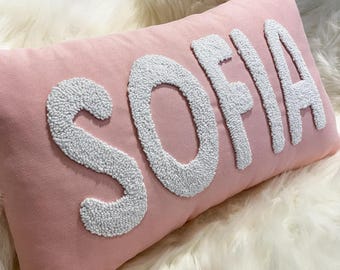 Custom Punch Needle Name Pillow: Personalized Embroidered Cushion, Kids Nursery Decor
