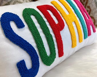 Custom Name Punch Needle Pillow, Embroidered Nursery Decor