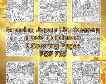 Japan Travel Coloring Book : Kawaii City Landmarks (PDF Printable Sheet)