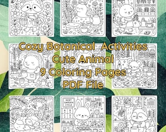 Botanical Animal Coloring Book : Cozy Garden Art for Kids & Adults (PDF Download 8.5x8.5 in)
