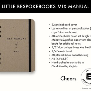 Little Bespokebooks Mix Manual product details graphic highlighting kraft chipboard cover, wire binding, A6 size, guided recipe pages, and handmade design in Charlottesville, Virginia