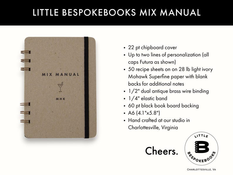Little Bespokebooks Mix Manual product details graphic highlighting kraft chipboard cover, wire binding, A6 size, guided recipe pages, and handmade design in Charlottesville, Virginia