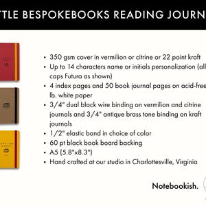 May include: Three spiral-bound reading journals are displayed in red, tan, and yellow. The journals have elastic bands, black wire binding, and are A5 size (14.7cm x 21.1cm). The text reads "LITTLE BESPOKEBOOKS READING JOURNAL" and details about the journals.