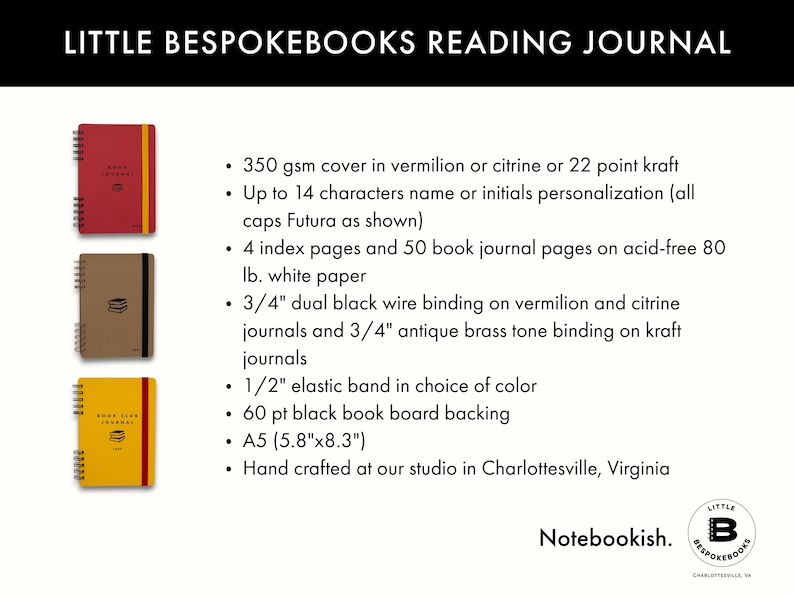 May include: Three spiral-bound reading journals are displayed in red, tan, and yellow. The journals have elastic bands, black wire binding, and are A5 size (14.7cm x 21.1cm). The text reads "LITTLE BESPOKEBOOKS READING JOURNAL" and details about the journals.
