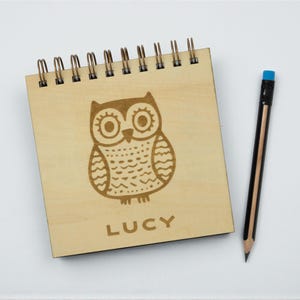 Personalized Wood-Bound Sketchbook – Owl Edition