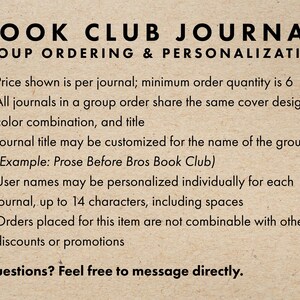 May include: A beige background displays text detailing book club journal group ordering and personalisation. The text includes information about customisation, minimum order quantities, and user name personalisation.