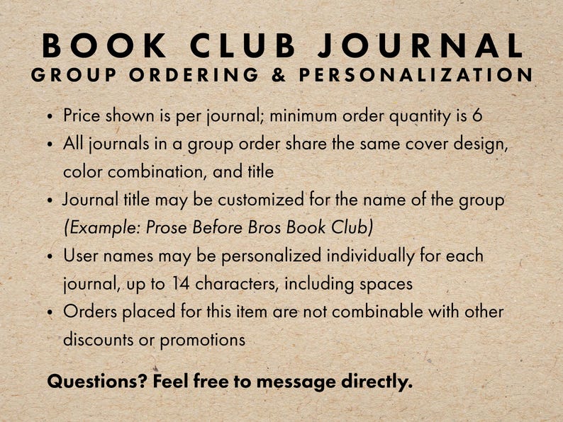 May include: A beige background displays text detailing book club journal group ordering and personalisation. The text includes information about customisation, minimum order quantities, and user name personalisation.