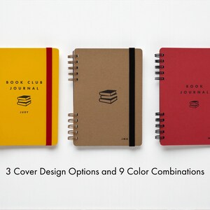 Three Little Bespokebooks Reading Journals displayed side by side showing 3 cover designs and 9 color combinations. Includes citrine with red band, kraft with black band, and vermilion with yellow band. Each personalized with name or initials on the cover. Handmade in Charlottesville, Virginia.