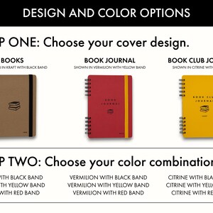 Design and color options for Little Bespokebooks Reading Journal showing three cover designs—Books, Book Journal, and Book Club Journal—and nine color combinations. Examples include kraft with black band, vermilion with yellow band, and citrine with red band. Text guides shoppers through selecting design and color.