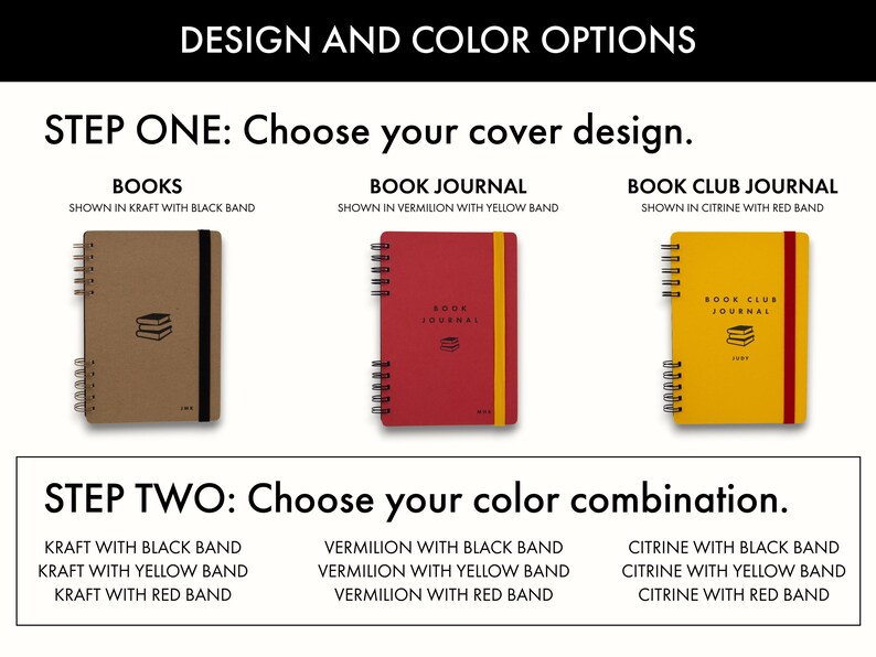 Design and color options for Little Bespokebooks Reading Journal showing three cover designs—Books, Book Journal, and Book Club Journal—and nine color combinations. Examples include kraft with black band, vermilion with yellow band, and citrine with red band. Text guides shoppers through selecting design and color.