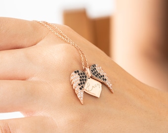 Personalized Angel Wing Necklace, Custom Engraved Heart Pendant, Rose Gold Silver Necklace