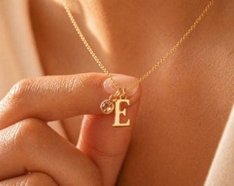925 Sterling Silber Halskette Buchstabe Geburtsstein, Personalisierte Kette Damen, Namenskette, Geschenk für Mama, Geburtstagsgeschenk