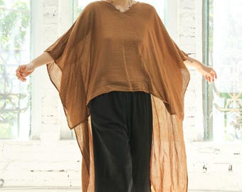 Brun asymmetrisk hög-låg oversized tunika - Böljande löst sittande blus för kvinnor, avslappnad bohemisk topp